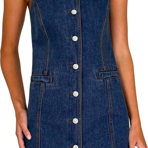 Women's Denim Dress Sleeveless Button Front Mini Chic Summer Casual - Picture 1 of 4